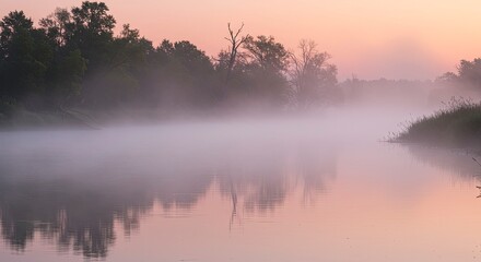 Fototapeta premium Serene River Mist at Sunrise with Soft Pink Sky