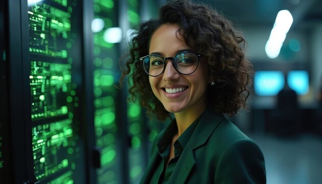 Smiling woman with glasses stands in server room. She works with tech hardware for data center operations. Female IT pro is happy near computers and network systems.