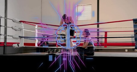 Boxing coach pointing, advising, boxer adjusting gloves while brain overlay pulsing over them - Powered by Adobe