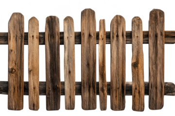 A rustic wooden fence made of unevenly shaped planks. various shades of brown. set against a plain white background. ideal for backgrounds or texture in design projects