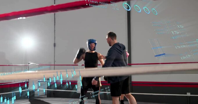 Coach leaning into ring moving boxers for sports drill black punching pink resting HUD mapping data