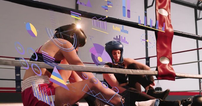Two female boxers on training break, fixing gear, data charts overlaying ring, camera rising
