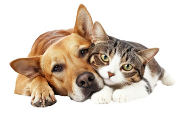 A golden retriever and a tabby cat cuddle closely together on a clean white background. their friendship and warmth. perfect for pet care and companionship themes