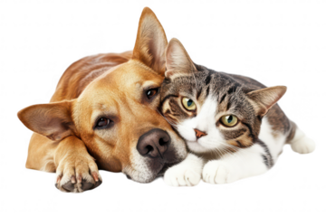 A golden retriever and a tabby cat cuddle closely together on a clean white background. their friendship and warmth. perfect for pet care and companionship themes