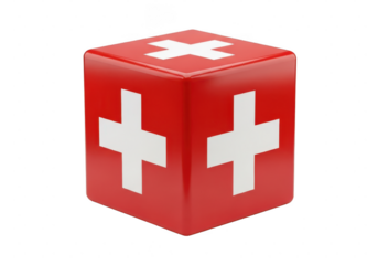 Red cube with white cross symbol representing first aid or switzerland isolated on transparent background