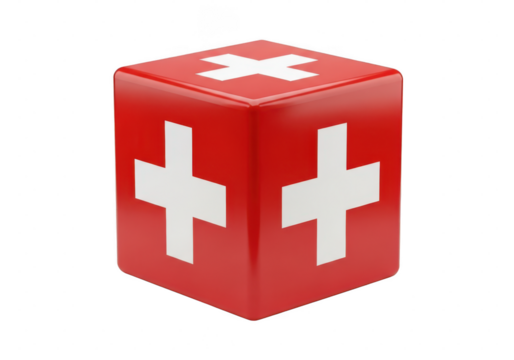Red cube with white cross symbol representing first aid or switzerland isolated on transparent background