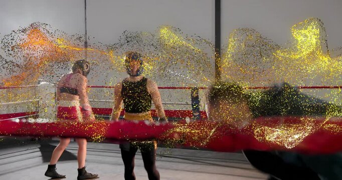 Boxers shifting in ring as gold particles appearing, coach raising winner hand declaring sports win