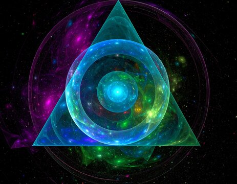 Abstract fractal triangle design with concentric circles and glowing orbs - Powered by Adobe
