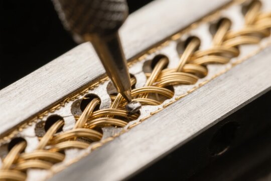 Close-up of a precision tool working on an intricate gold wire inlay within a metal frame