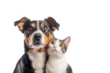 A loyal dog and a curious cat sit closely together against a plain white background. their friendship and companionship in a heartwarming moment perfect for pet-themed content