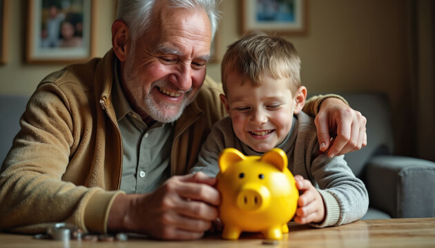 Elderly man teaches young boy about saving money with a yellow piggy bank. Grandfather and grandchild smile warmly sharing financial lesson indoors at table. Family bonding, kids education.