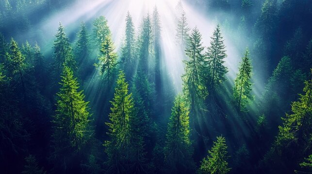 Sunlight streams through a dense, misty forest filled with tall evergreen trees. The light creates dramatic rays and highlights the vibrant green foliage, evoki