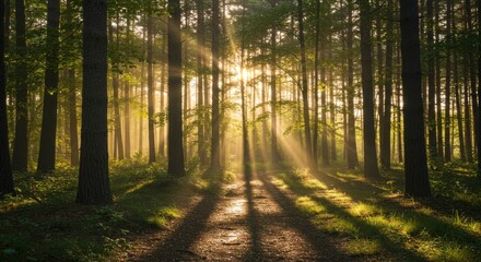 Obraz premium Sunbeams Pierce Through Lush Forest Canopy on Winding Path