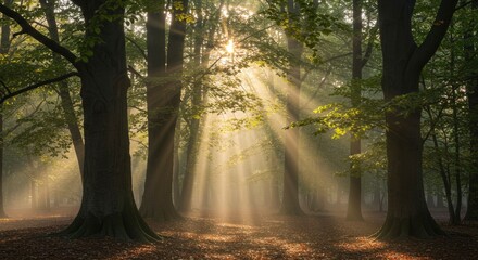Sunbeams pierce through misty forest canopy