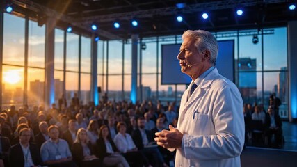 An experienced professional in a white coat speaks to a large diverse audience during a sunset conference presentation high above the city skyline