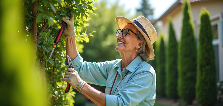 Senior woman gardening happily. She prunes trees with large shears in rich backyard. Wearing gloves, hat, glasses and casual clothes. Smiling, taking care of green plants, flowers and shrubs at home. - Powered by Adobe