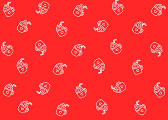 Seamless pattern hand-drawn mugs filled with whipped cream and a straw, decorated with a cute heart symbol. Perfect for cafe branding, packaging, wrapping paper, textiles, red backgrounds