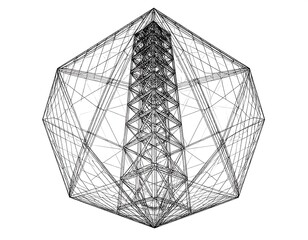 Abstract geometric design, a wireframe sphere with a central tower.  Complex lattice structure, appearing three-dimensional