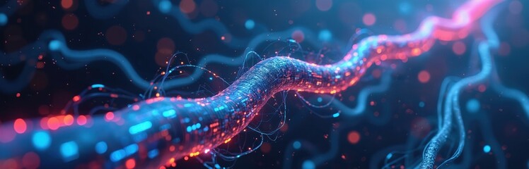 Abstract visualization of complex data flow network. Glowing digital stream pulses with information, connecting nodes in cyberspace. Futuristic tech background signifies big data analysis.