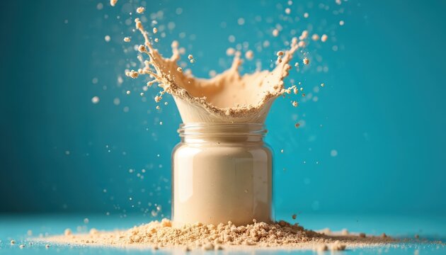 Splash of protein powder into jar against blue backdrop. Fitness supplement drink concept. Whey powder beverage. Nutrition ingredients for athletes, healthy lifestyle. Protein shake splashes with dry