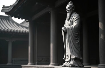 Confucius stone statue in Chinese temple courtyard. Ancient monument of great philosopher. Sculpture wisdom education, eastern cultural heritage in historic Asian sanctuary. Peaceful spiritual place