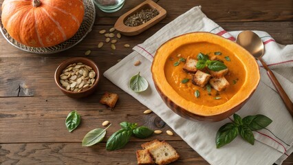 Creamy pumpkin soup garnished with croutons and basil, beautifully served in a pumpkin shell on rustic wooden table with seeds and spices.