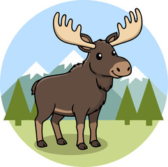 Cute Moose Standing With Mountain Forest Background - Animal Character Illustration on Round Background