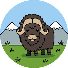 Cute Musk Ox Standing With Mountain Background - Animal Character Illustration on Round Background