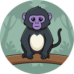 Cute Purple-Faced Langur Sitting On Branch, Sri Lankan Primate - Animal Character Illustration on Round Background