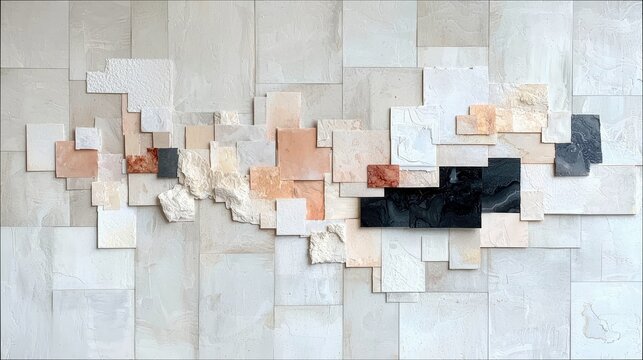 A textured wall art installation composed of various stone tiles in geometric shapes, arranged in a flowing pattern with natural colors and varied textures.