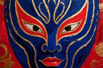 Close-up of a painted mask with blue, red, and gold designs featuring stylized eyes and facial patterns