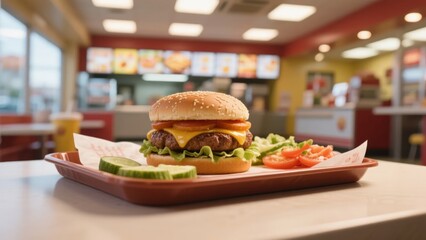 A cheeseburger with lettuce, tomato, and pickles served on a tray in a fast food restaurant