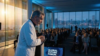 Senior speaker wearing a white lab coat addresses a large business audience at an international conference overlooking a metropolitan city skyline at twilight