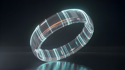 Futuristic translucent ring with glowing lines on dark reflective surface.