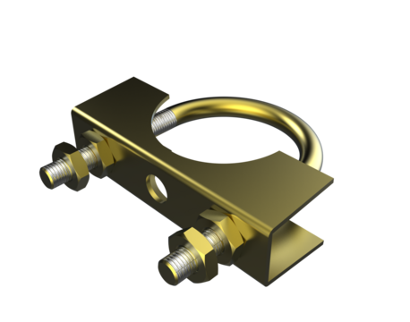 Studio-quality 3D rendered brass U-bolt clamp assembly for industrial design and automotive parts. Precision engineering hardware with a reflective polished surface, isolated element on PNG background