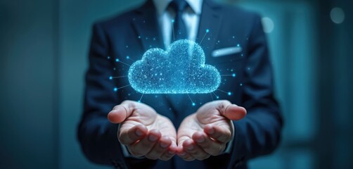 Businessman in a suit holding a digital cloud icon. Concept of platform as a service and cloud computing tech. Data transfer and online information in a business office.