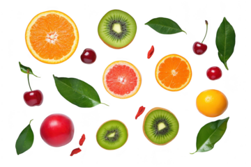 A arrangement of fresh fruits including oranges. kiwis. cherries. and a red apple. artfully displayed on a clean white background with green leaves accentuating the colors