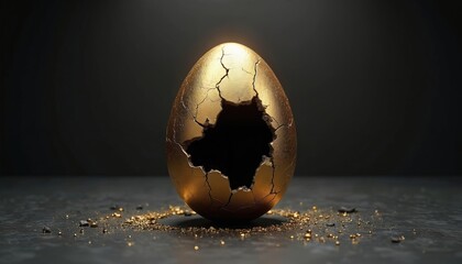 Broken golden egg sits on dark surface with scattered gold dust. Represents failed investments, empty promises, and financial deceptions leading to loss.