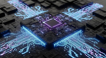 Central processing unit data transfer futuristic circuit board technology electronic microchip communication network high speed computing concept digital core processor background