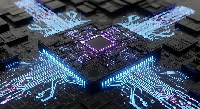 Central processing unit data transfer futuristic circuit board technology electronic microchip communication network high speed computing concept digital core processor background