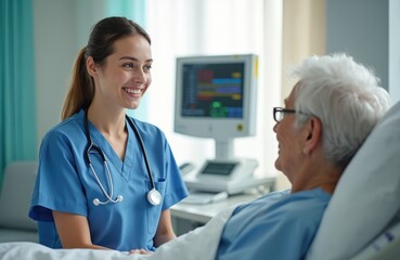 Fototapeta premium Young nurse talks with elderly patient in hospital room. Woman in blue uniform smiles, patient rests in bed near vital signs monitor. Caregiver provides medical assistance and comfort.