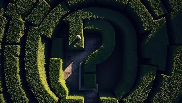 stammer. Aerial view of a hedge maze shaped like a question mark with a light symbol at its end. travel magazines, destination branding, designed for outdoor magazines and nature guides.