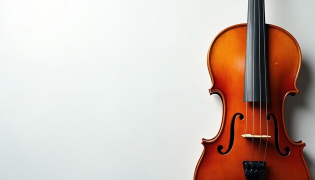 Close up of a classic wooden violin resting on a white surface. The elegant string instrument displays rich varnish and detailed craftsmanship. It is ready for a musical performance or composition.