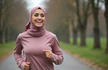 Smiling muslim girl runs in park in morning. Young sporty woman wearing hijab enjoys active lifestyle, fitness, jogging, workout. Confident lady trains outdoor, maintains healthy habits, wellness.