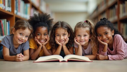 Five smiling kids of different ethnicities lie on floor in library near bookshelves. Children read book together, share knowledge and friendship. They learn and have fun with literature.
