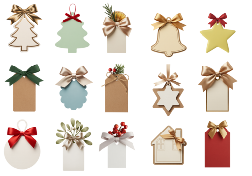 Christmas gift tag collection with festive bows seasonal shapes and decorative holiday elements arranged as isolated clipart on transparent background for design use