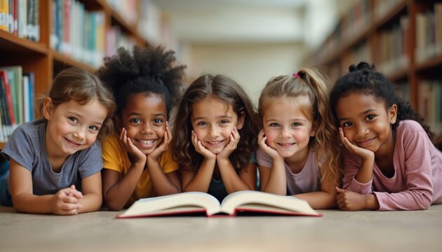Five smiling kids of different ethnicities lie on floor in library near bookshelves. Children read book together, share knowledge and friendship. They learn and have fun with literature. - Powered by Adobe