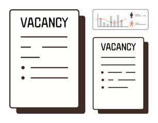 Vacancy listings with bullet points, text placeholders, and analytics such as graphs and demographics. Ideal for recruitment, hiring, HR processes, talent search, career opportunities, business