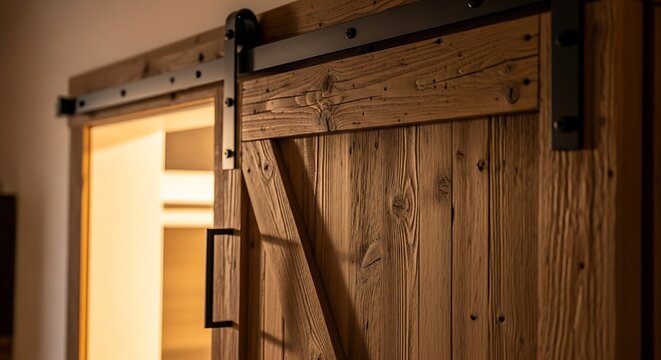 Rustic wooden barn door with metal hardware sliding interior element