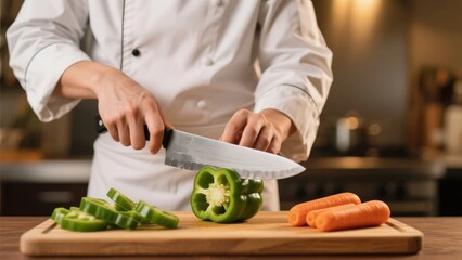 Chef slicing green bell pepper and carrots on a wooden cutting board in a kitchen